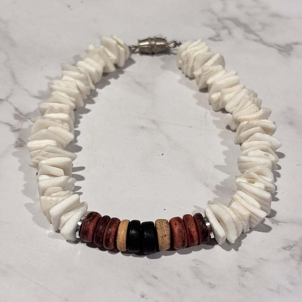 Handmade White Puka Shell Chip and Wood Bead Surfer Bracelet